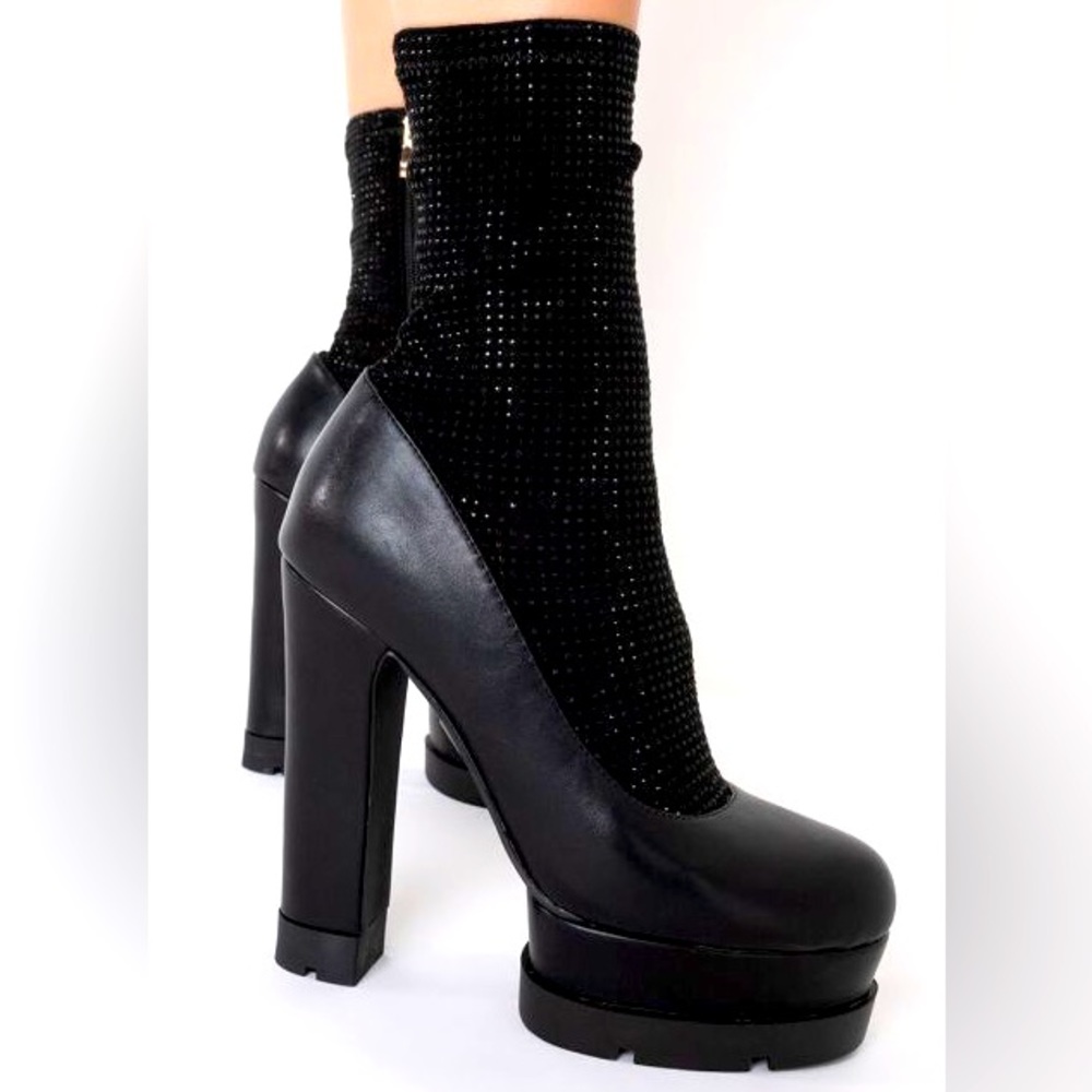 Black Leather Rhinestone Sock Ultra Chunky Platform Booties